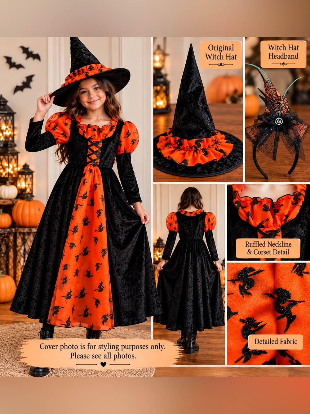 Unique Witch Costume Girls L 9/10 Orange Black Dress + 2 Hats Halloween